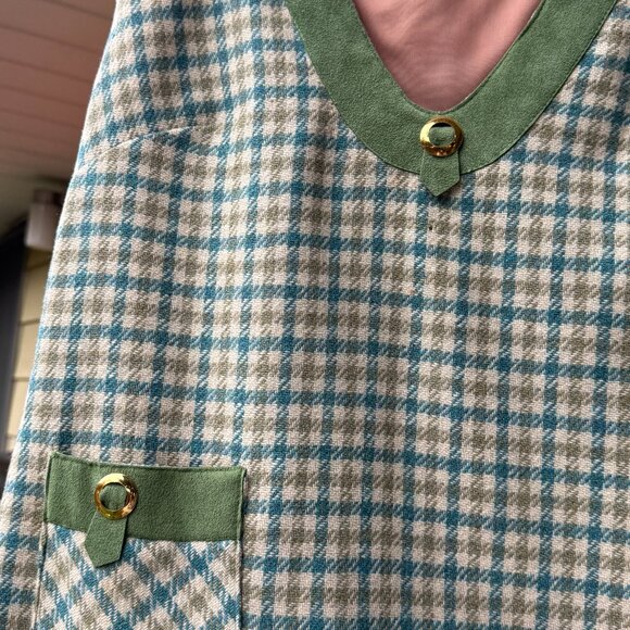 Vintage Wool Suede Green Sleeveless Checkered Pullover Vest Plaid Womens S/M - Picture 11 of 14
